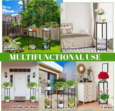 2 Tier Round Tall Metal Plant Stand indoor outdoor, Rustproof Round Planter Display Storage Rack, Heavy Duty Potted