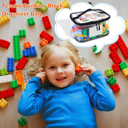6 Pack Tesuko Clear Toy Storage Bag with Name Tag& Manual Pocket, Waterproof Transparent PVC Toy Organizer Case