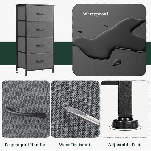 4 Closet, Nightstand, Drawer Dresser End Table Bedside Furniture with Wooden Top Steel Frame Fabric Bins for Bedroom
