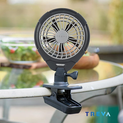 Treva 5 Inch Two Speed Battery & USB Powered Clip On Fan, Slim and Portable, Gray