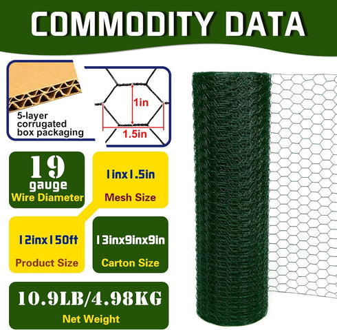 Yardbliss Wire12inx150ft, Chicken Premium Chicken Wire Fencing, Chicken Wire Mesh, Green PVC Coated Metal Wire Fence