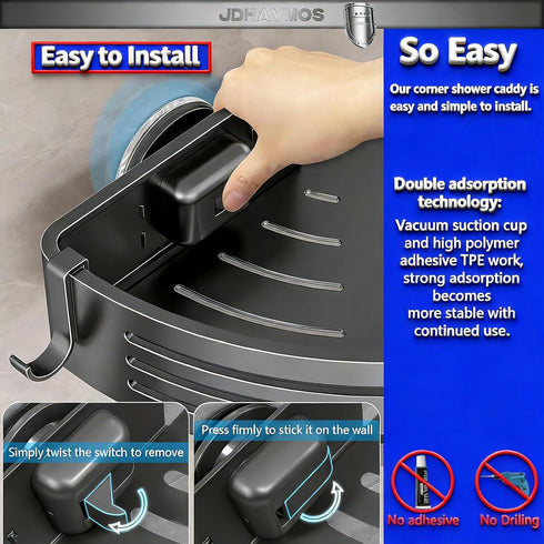 JDHAVMOS (2-Pack Suction Cup Shower Caddy - No Drilling Removable, Corner Shower Shelves - Aluminum Rustproof, Corner