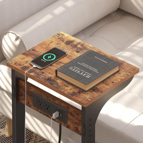 2 V1TB01BB044 TUTOTAK C Shaped End Table with Charging Station, Side Table, Couch Table for Small Spaces, Tv Tray Table