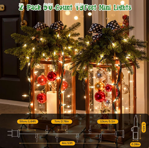 2Pack 50-Count 13FT Warm White Christmas Lights, Incandescent Mini String Lights Green Wire, UL Certified Connectable