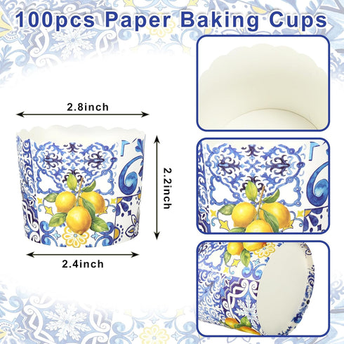 100Pcs Blue Tile Lemon Paper Baking Cups Yellow Blue Lemon Cupcake Wrappers Scalloped Edge Cupcake Muffin Cases for Summer Lemon Party Supplies by JarThenaAMCS