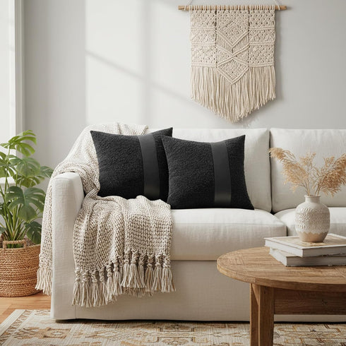 Pack 2 18 18 Inch of Black Boucle Decorative Pillow Cover with Faux Leather Modern Accent Pillow Case x Textured Stripe