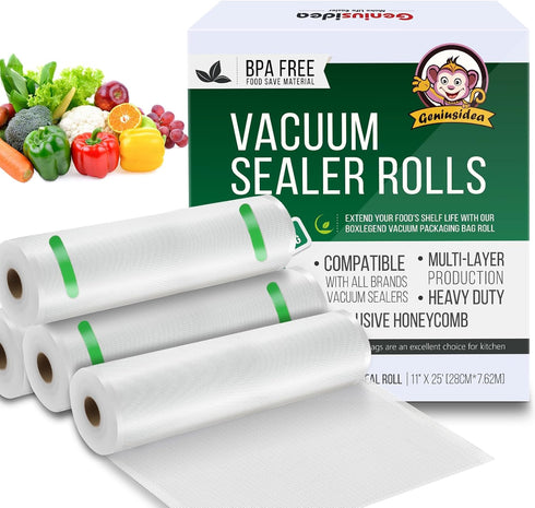 Vacuum Sealer Bags for Food Saver, 4 Pack 11" x 25'ft Commercial Grade Rolls, Microwave & Freezer Safe, Meal Prep