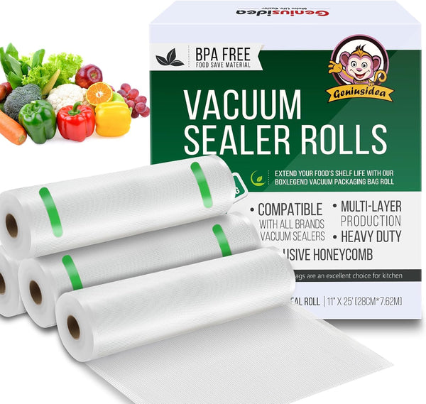 Vacuum Sealer Bags for Food Saver, 4 Pack 11" x 25'ft Commercial Grade Rolls, Microwave & Freezer Safe, Meal Prep