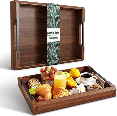 WBKATN 17 Inch Acacia Wood Ottoman Tray for Living Room, Wooden Serving Tray