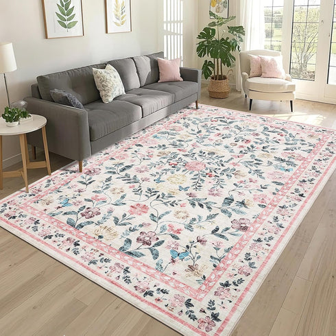 4x6, GarveeHome Floral Washable Rug Non-Slip Low Pile Botanical Carpet, Vintage Farmhouse Area Rug for Bedroom Nursery