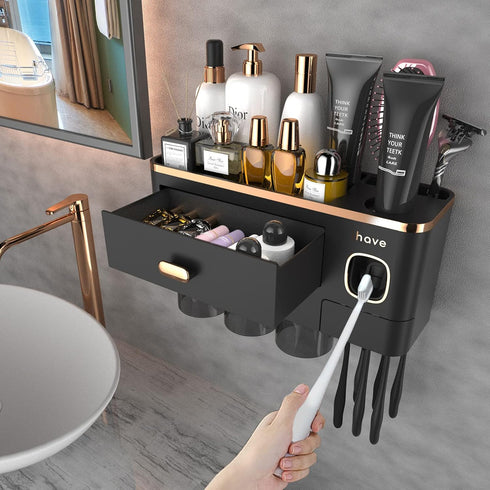 iHave Toothbrush Holders Wall Mounted with Toothpaste Dispenser & 3 Cups -