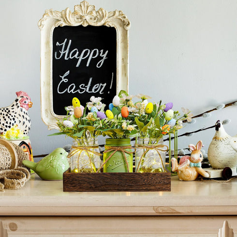 DUOER Easter Centerpiece Table Decorations for Table Runner Farmhouse Coffee Table Decor with Wood Tray and Led Light