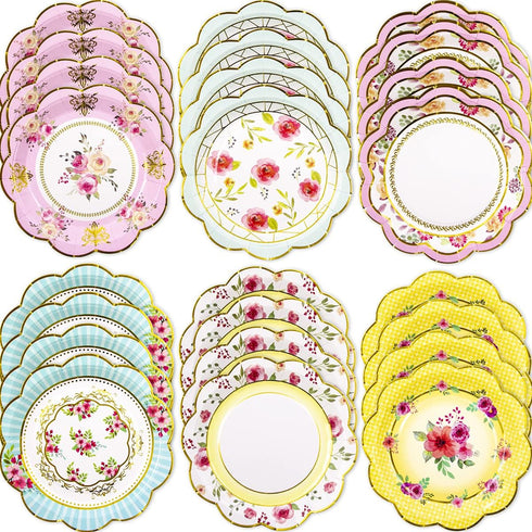 Fancy Land Floral Paper Plates - 7.28 Inches Vintage Small Party Plate, 24 Count for Celebrations