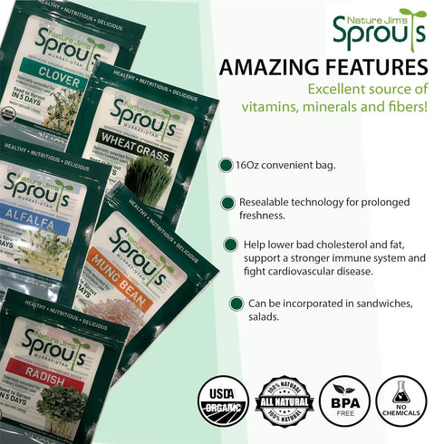 3-Bean 16 Oz Nature Jim's Sprouts Seed Mix - Organic Green Peas, Lentils & Adzuki Beans for Planting - Non-GMO