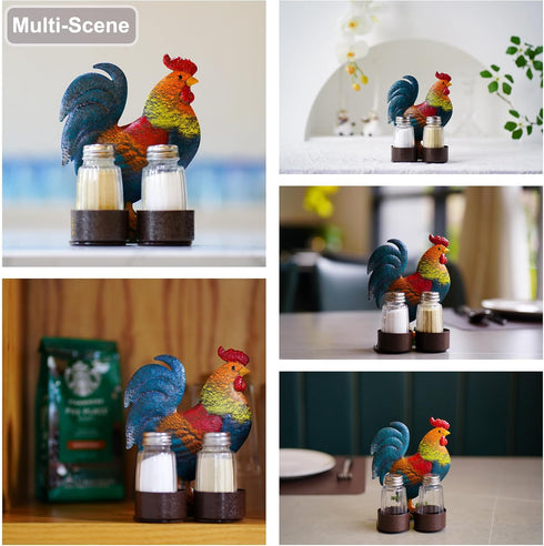 Vintage Metal Rooster Holder Caddy for Spices and Seasonings - Rooster Salt and Pepper Shakers Set, Two Glass Shakers