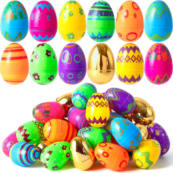JOYIN 36 Pcs 3.15" Colorful Printed Eggs Include 8 Golden, Plastic Fillable