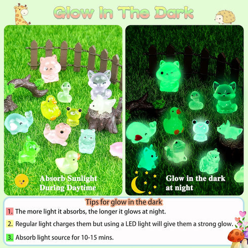 200Pcs 63 Various Luminous Mini Animals, Style Tiny Resin Figurines Animals Glow in The Dark for Prank Garden Micro