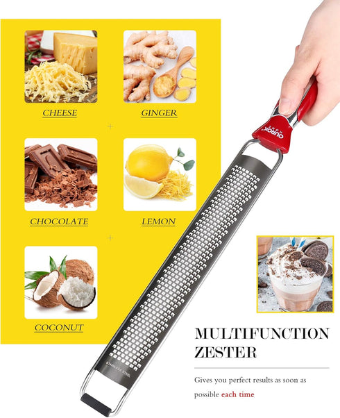 Ourokhome Kitchen Lemon Zester, Hand Held Stainless Steel Parmesan Cheese Grater for Ginger, Chocolate, Citrus, Red
