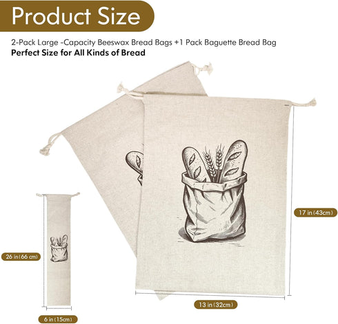 Reusable Bread Bags for Homemade BreadNatural BeesWax & Linen CottonLarge Capacity and Portable,Bread Keeper