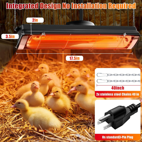 17.5 Inch 300W 10000H Extra Long Heat Lamp for Chickens, Carbon Fiber Chicken Coop Heater for Winter, Adjustable Temp