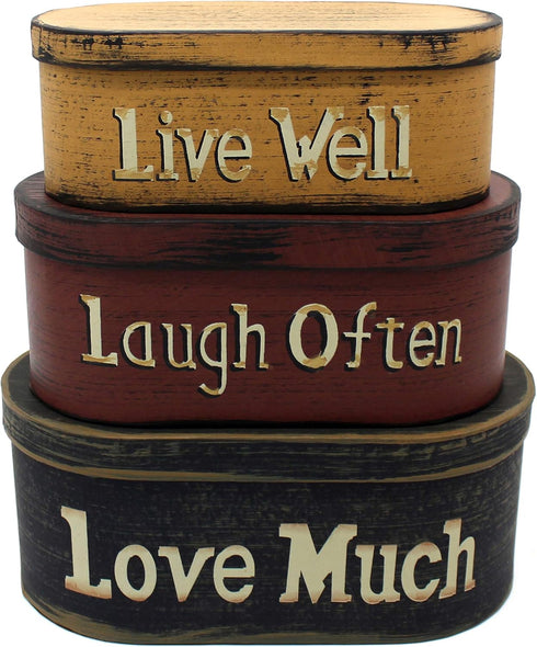 CVHOMEDECO. Primitives Vintage Oval “Live Well, Laugh Often, Love Much” Cardboard Nesting Boxes, Set of 3