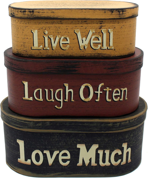 CVHOMEDECO. Primitives Vintage Oval “Live Well, Laugh Often, Love Much” Cardboard Nesting Boxes, Set of 3