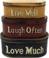 CVHOMEDECO. Primitives Vintage Oval “Live Well, Laugh Often, Love Much” Cardboard Nesting Boxes, Set of 3