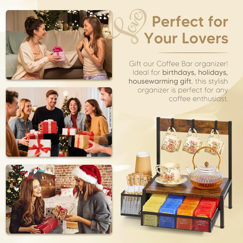 4 Countertop DGWJSU Tea Bag Organizer, Wood Tea Organizer and Storage Cheast, Tea Bag Holder with Storage Drawer, Hooks