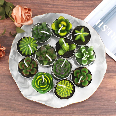 Outee 12 Pcs Handmade Cactus Tealight Candles - Delicate Succulent Candle Mini Tea Lights for Home Décor