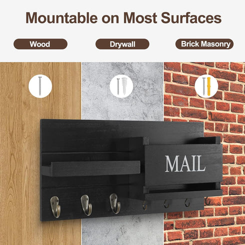 Mail Organizer for Wall Mount, Key Holder with Shelf, Letter Holder and Hooks for Hallway Decor - Rustic Wood