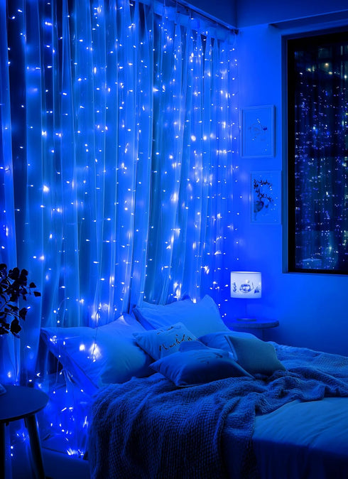 300 9.8ft 9.8ft 8 1 Pack Brightown LED Blue Fairy Curtain Lights, x String Lights, USB Plug in Lighting Modes Christmas