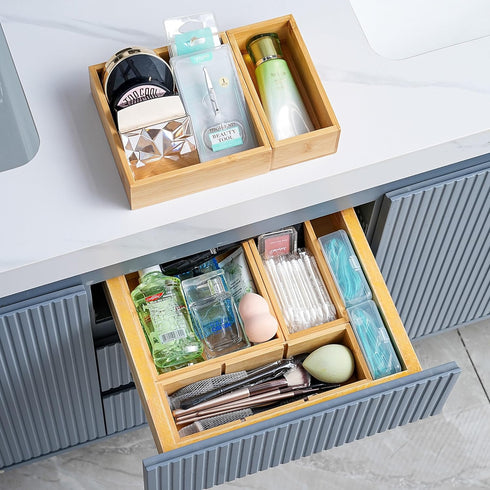 Fabsome Drawer Organizer, Set of 9 Bamboo Wood Storage Boxes for Kitchen, Makeup, Bathroom, Office