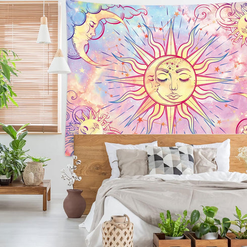 Ohjijinn Pastel Pink Burning Sun Tapestry - Mystic Celestial Sun and Moon with Stars - Psychedelic Tie Dye Wall Hanging