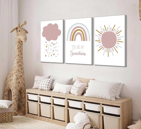 3 Pcs Boho Nursery Canvas Wall Art You Are My Sunshine Pink Sun Rainbow Cloud Painting Pictures Wall Decor Poster Print