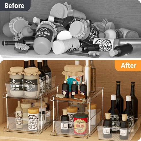 Pull-out Home Organizer, 2 Pack 2 Tier Clear Bathroom Organizer with Dividers, Multipurpose Vanity Counter Tray