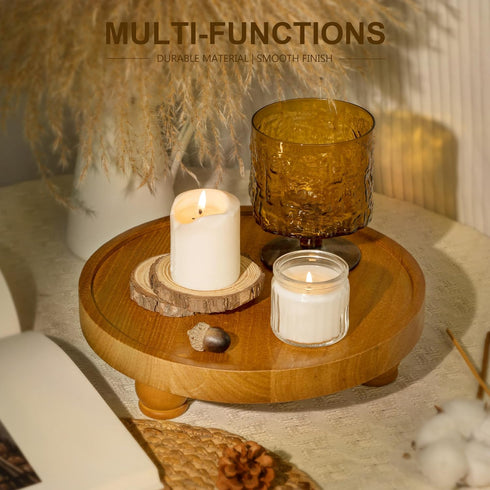 EOSAHR Farmhouse Round Wood Riser Wooden Tray Pedestal Stand for Bathroom Decor & Kitchen Sink Decorative Riser Display