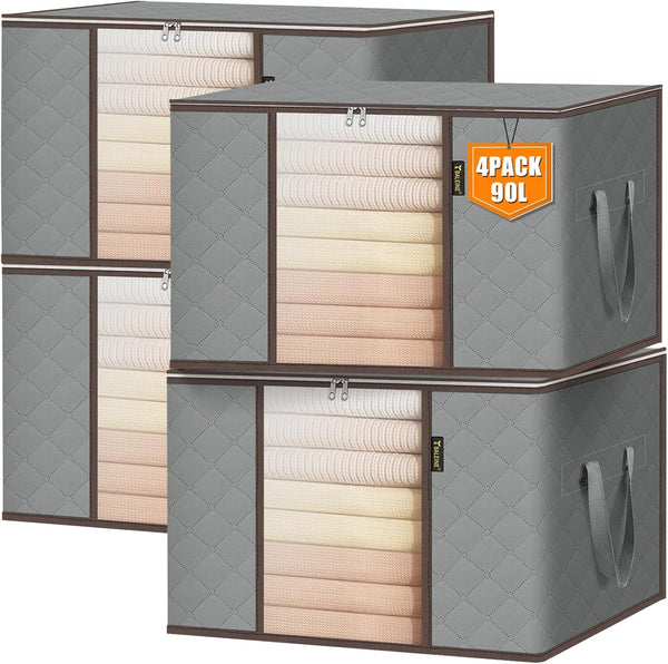 BALEINE 4 Pack Clothes Storage Bags, 24 Gallon Containers with Reinforced Handle, Sturdy Zipper for Closet Storage