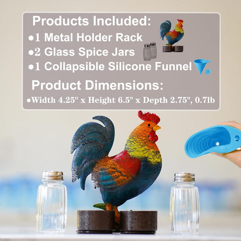 Vintage Metal Rooster Holder Caddy for Spices and Seasonings - Rooster Salt and Pepper Shakers Set, Two Glass Shakers