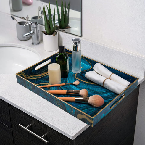 15.7 11.8 MAONAME Plastic Decorative Tray, Marbling Tray with Handles, Rectangular Coffee Table Trays, Blue Serving