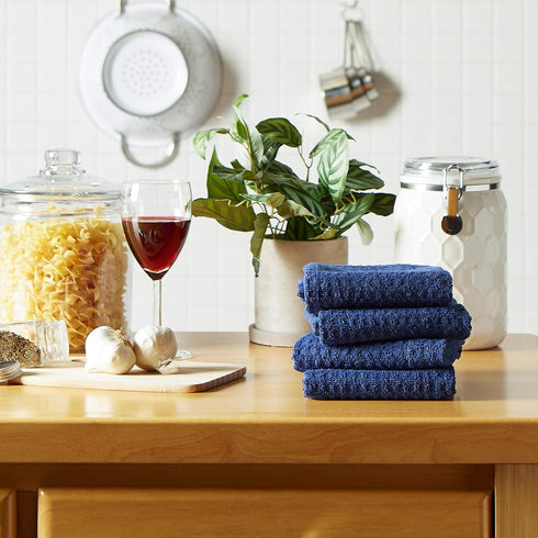 DII Basic Terry Collection Waffle Dishtowel Set, 4 Piece, Solid Nautical Blue, 15x26