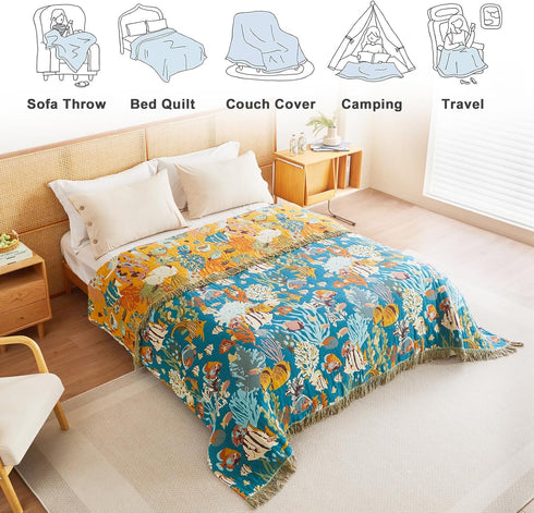 50"x60" MSGKV Throw Blanket for Couch Cotton Cute Ocean Animals Blanket Sofa Chair Blankets Muslin Spring Breathable