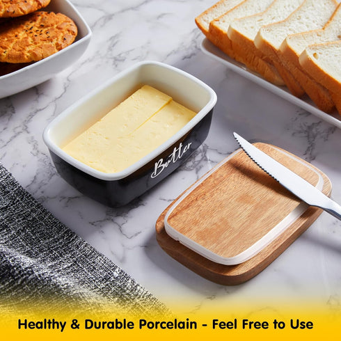 Countertop, Counter Black Butter Dish, ALELION Large Ceramic Butter Dish with Lid for Butter Keeper Container