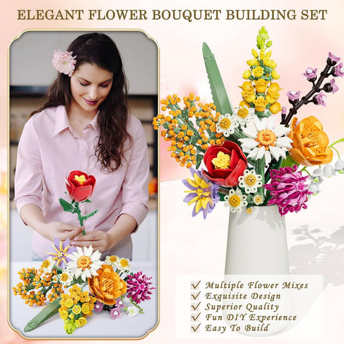 Flowers Bouquet Building Set, 1070PCS Wildflower Botanical Collection, Artificial Plant Flower Kit for Home Decor