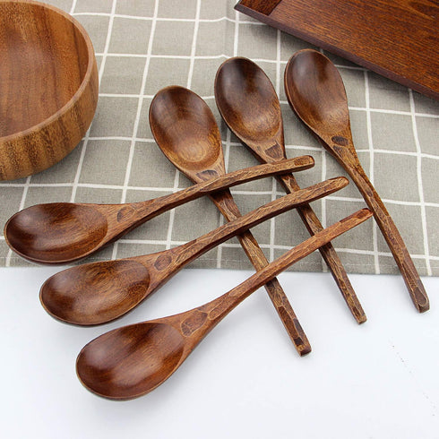 AOOSY Wooden Soup Spoons, 6 Pieces 7.84 Inches Japanese Ramen Spoons, Round Nanmu Wood Long Handle for Kitchen