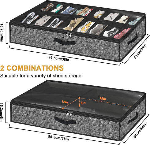 Under Bed Shoe Storage Organizer, Fits 16 Pairs Shoes and 4 Pairs Boots, Extra Large Bins for Closet, Black, Set of 2