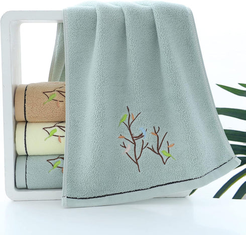 Pidada Set of 2 Hand Towels with Embroidered Bird Tree Pattern 100% Cotton for Bathroom