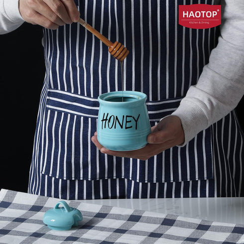 12oz HAOTOP Porcelain Honey Jar with Lid and Honey Dipper (Turquoise)