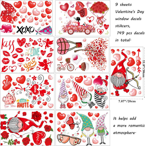 149Pcs Valentine's Day Window Clings Decorations - Heart Decal Party Ornaments, Removable Vinyl Stickers