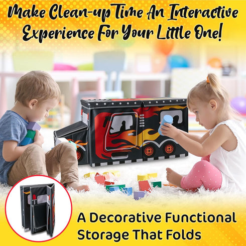 KAP Toy box for boys, Junior size, interactive Light up LED Toy chest, Children's Decorative Racing Truck Storage Bin