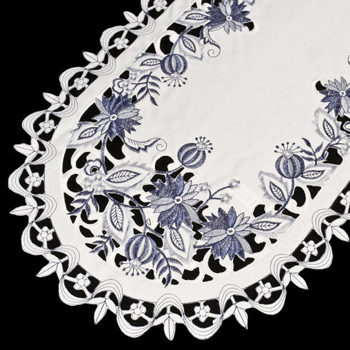 Embroidered Delft Blue Onion Flower Table Runner - Dresser Scarf Doily (14Wx27L)